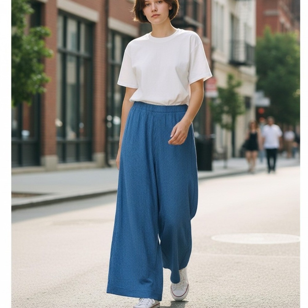 Lisa Bayne Linen Wide Leg Pull On Elastic Waist Pants Blue Stripe Large